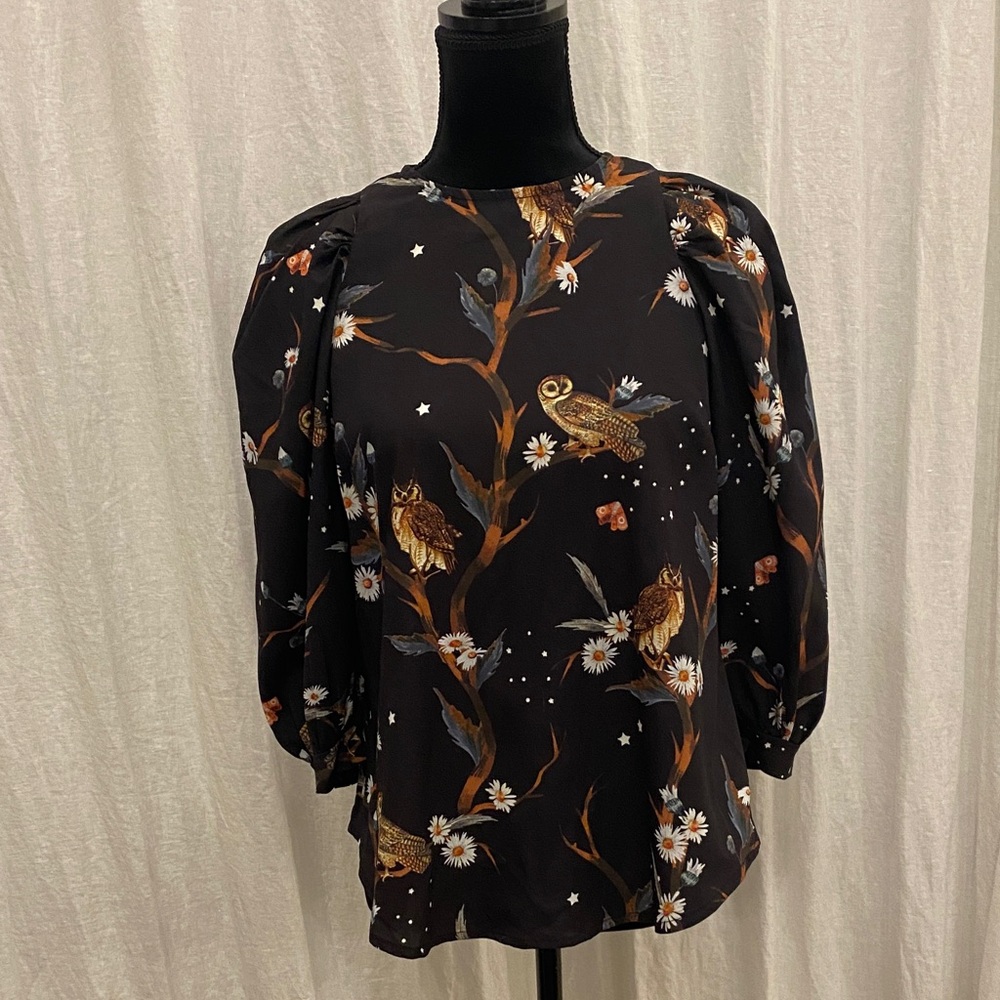 Zapelle Black‎ Owl Women's Puff Sleeve Top with Zipper Back